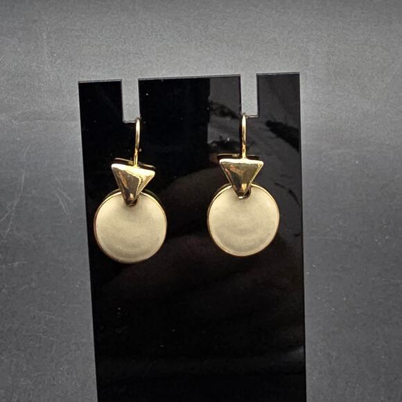 AAI Cream Enamel Earring Geometric Gold Tone Dangle Drop - Picture 4 of 6